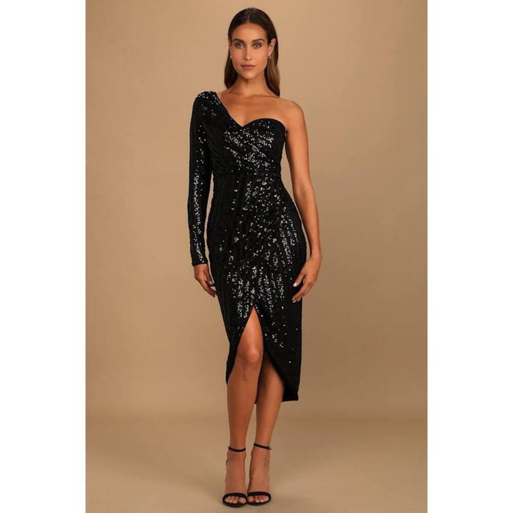 Lulus Elegant Occasion Black Sequin One-shoulder Midi Dress - Size S